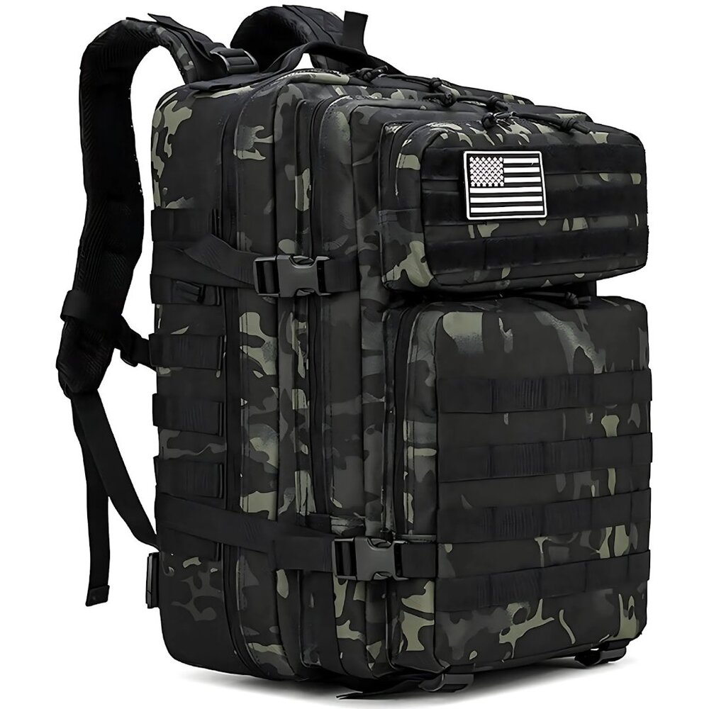 45L Tactical Backpack Camo Black Waterproof Multi Compartment for Camping Hiking